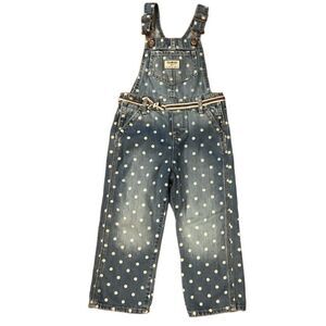 Oshkosh Polka Dot Overalls 3T Blue Denim Bibbed White Circles Tie Belt Vestbak